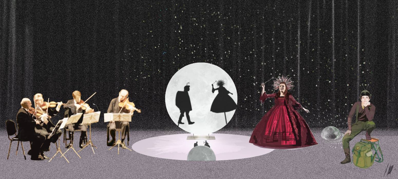 Il bozzetto del palcoscenico. Un collage mostra la signora della musica con un lungo vestito rosso intenta a cantare sulla parte destra del palco